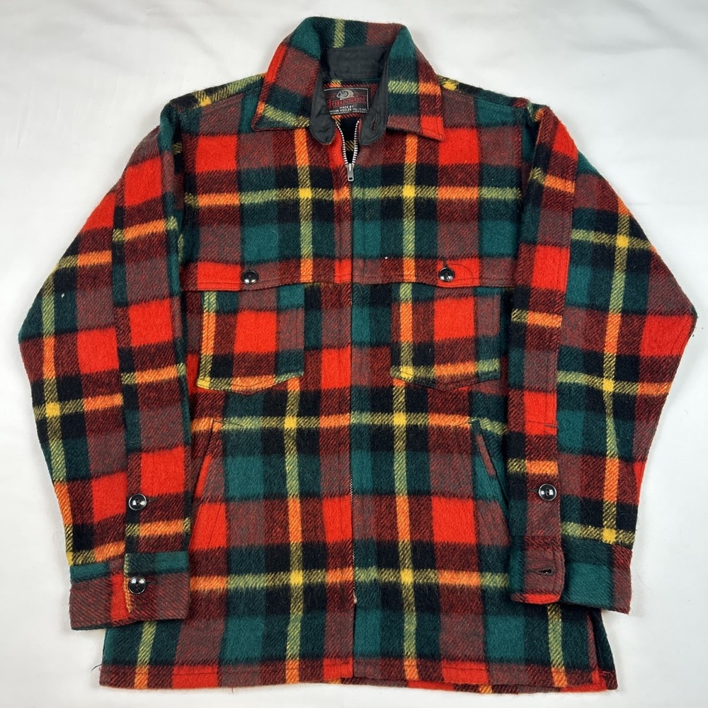 VTG Johnson Woolen Mills Jacket Mens Sz 38 Red Wool Flannel Plaid Coat Hunting